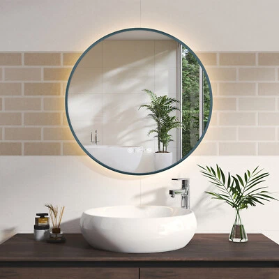 EMKE Badspiegel Rund Mit LED Beleuchtung Beschlagfrei Wandspiegel Uhr Hellgrün - Bild 1 von 4