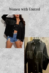 WOMEN WITH CONTROL BLACK FRINGED JEAN JACKET~"WONDER DENIM COLLECTION" MEDIUM - Picture 1 of 5