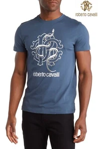 ROBERTO CAVALLI NWT $290 SNAKE GRAPHIC CREW NECK NAVY COTTON TEE. SZ XL - Picture 1 of 7