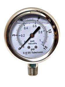 Gauge 2-1/2" Face S/S Case 0-15 PSI/KPA/BAR 1/4" NPT S/S Lower Filled 135er21 - Picture 1 of 4