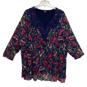 Lee Bluse Top Damen Größe 3X blau geblümt 3/4 Arm Spitze & gefüttert dehnbar - Bild 1 von 11