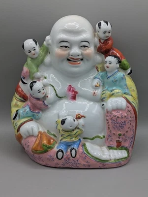 Vintage Chinese Porcelain Laughing Fertility Buddha Figure with 5 Children, 9" - Image 1 of 4