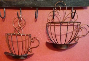 2 Vtg Wrought Iron Brass In Color Coffee Cups Wall Hanging Decor - Picture 1 of 10