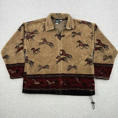 Jaqueta Mazmania Masculina Vintage Grande Flece Cavalos AOP Zíper Completo Feita Nos EUA - Imagem 1 de 4