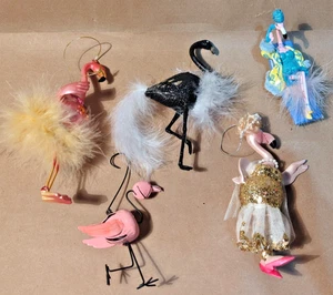 Vintage Flamingo Weihnachtsschmuck Set (5) rosa schwarz blau Glitzer Federn - Bild 1 von 14