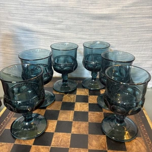 6 Vintage Indiana Kings Crown Teal Blue Glass Thumbprint Goblets 4 1/2" - Picture 1 of 3