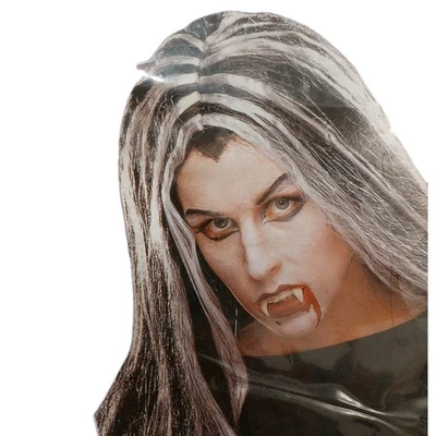 Vampire Woman Costume Wig 24" Long Black Gray Streaks Hair Goth Witch Halloween - Image 1 of 4