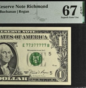 Top Pop 1981 $1 FRN PMG 67EPQ highest graded near solid serial number 77377777 - Picture 1 of 4