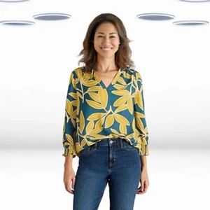 Top donna Ex White Stuff manica 3/4 scollo a V blu acqua floreale - Foto 1 di 3