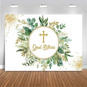 God Bless Baptism Backdrop Mi Bautizo Green Leaves First Holy Communion Party... - Picture 1 of 7