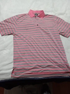 FootJoy Polo Shirt Mens Medium Pink Stiripe Short Sleeve Polyester Golf Stretch - Picture 1 of 9