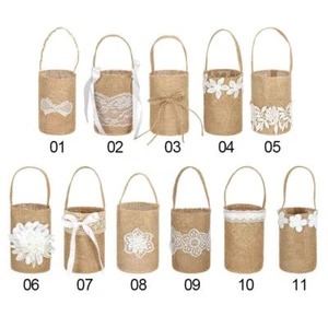 Vintage Flower Girl Basket Candy Gift Bag Wedding Ceremony Burlap Flower Basket - Picture 1 of 23