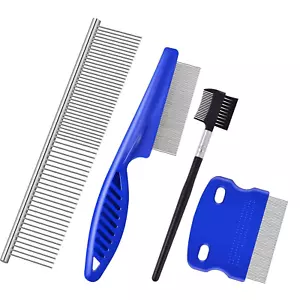 Confezione da 4 Pettine per Pidocchi Antipulci, 2 in 1 Pettini per Toelettatura Cani Gatti in Acciaio Inox con Rotondo - Foto 1 di 12