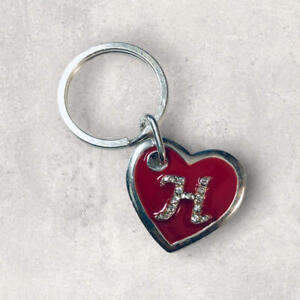 H Heart Keychain Keyring Red Enamel Rhinestones Silvertone