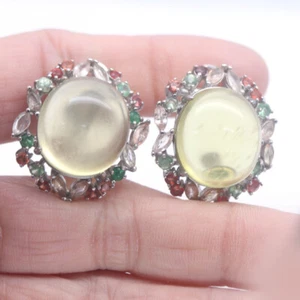 Sin Calentar Gema Amarillo Limón Cuarzo, Sappgire & Emerald Pendientes 925 Plata - Imagen 1 de 4