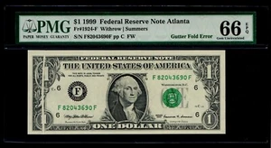 1999 $1 Federal Reserve Note Atianta Gutter Fold Error PMG GEM UNC 66 EPQ - Picture 1 of 2