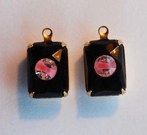 VINTAGE 2 JET BLACK GLASS OCTAGON PENDANT BEADS SWAROVSKI RHINESTONE • 14x10mm - Picture 1 of 7
