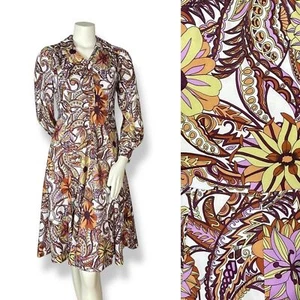 Abito vintage anni 70 psichedelico floreale paisley personalizzato maniche lunghe funky - Foto 1 di 16