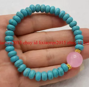 5x8mm Natural Blue Turquoise & 14mm Pink Quartz Gemstone Stretch Bracelet 7.5" - Picture 1 of 12