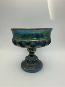 Vtg Carnival Glass Candy Dish Thumbprint Blue, Iridescent, Compote 5.25" - Picture 1 of 8