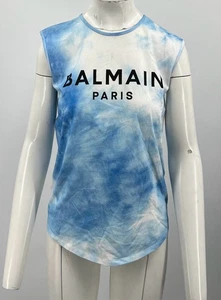 Balmain STAINED Button-Trimmed Tie-Dye Sleeveless T-Shirt in Blue sz XS - Picture 1 of 8