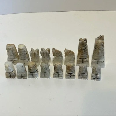 Vintage Marble Onyx Stone White Grey Aztec Mexican Chess Pieces 16 Set Complete - Image 1 of 4