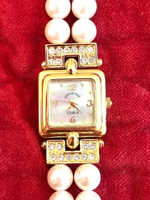 Women's Adrienne Club A Fancy Gold Tone Rhinestone Pearl Bracelet Band Watch 10 - Image 1 of 4