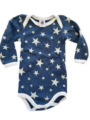 Petit Bateau Blue/White Stars Long Sleeve 100% Cotton Bodyshirt-6Mos - Image 1 of 4
