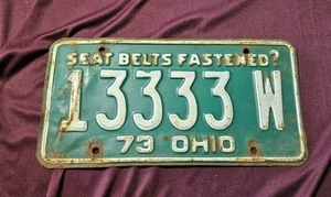 Vintage Ohio OH License Plate 1973 SEAT BELTS FASTENED? 13333 W Green White - Picture 1 of 1