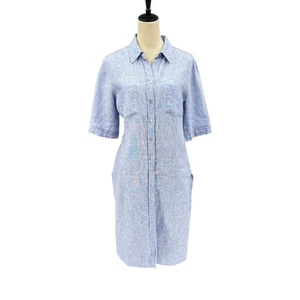 Chico’s Sz 1 (M) Heather Blue Linen Long Line Button Front Side Slit Tunic Shirt - Picture 1 of 15