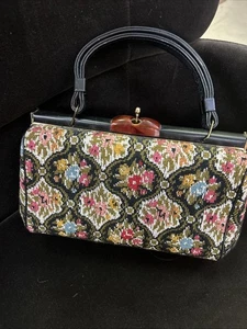 VTG Jaclyn TAPESTRY Purse CARPET BAG Handbag MOD Abstract FLORAL Black 60s Boho - Picture 1 of 5