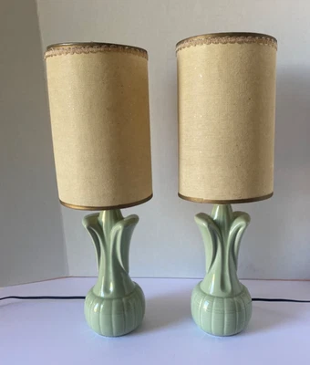 Pair Vintage Mid Century Ceramic Light Green Table Lamps Art Deco 19" MCM Set - Image 1 of 4