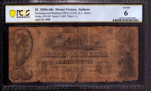 1858 $2 EXCHANGE BANKING OFFICE MOUNT VERNON INDIANA OBSOLETE NOTE PCGS GOOD 6 - Picture 1 of 2