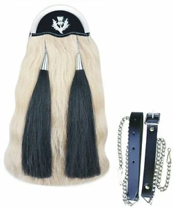 REAL HORSE HAIR SPORRAN: Metal Rim Cantle Thistle Badge-Two Horse Hair Tassels - Picture 1 of 8