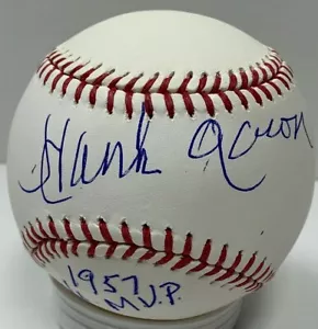AUTO de béisbol oficial de la MLB firmado por los Braves HENRY HANK AARON con ""57 Jugador Más Valioso del Estado Mayor"" - JSA - Imagen 1 de 4
