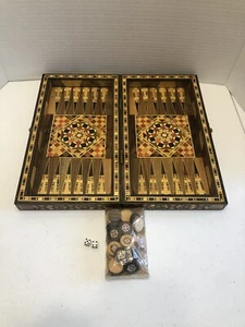 Vintage Middle East Marquetry Mosaic Wood Inlaid Backgammon Set Chess Board 12” - Picture 1 of 10