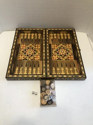 Vintage Middle East Marquetry Mosaic Wood Inlaid Backgammon Set Chess Board 12” - Image 1 of 4