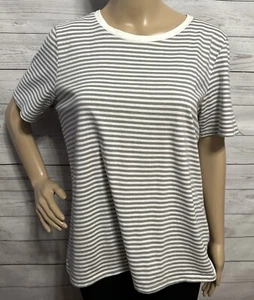 Ella Moss T-Shirt Large Gray White Horizontal Striped Ringer Neck Casual Cotton - Picture 1 of 12