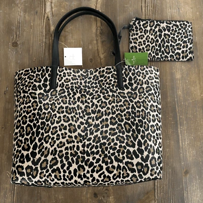 New Kate Spade Arch Place Mya Reversible Leather Tote Black and Cheetah w/ Pouch - Image 1 of 4
