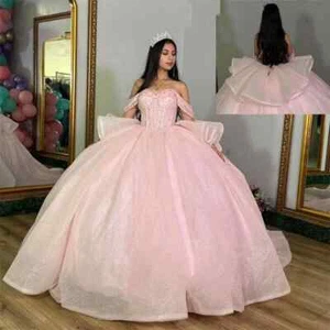 Pink Quinceanera Dresses Glitter Beading Sweetheart Ruffles Sweet 16 Ball Gowns - Picture 1 of 9
