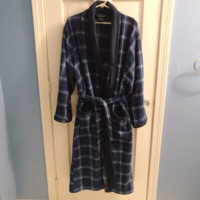 Claiborne Sleepwear Long Sleeve Long Length Fleece Blue Plaid Robe One Size Ties - Image 1 of 4