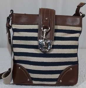 CHAPS Crossbody Schultertasche Handtasche gestreift marine creme Canvas veganes Leder - Bild 1 von 16
