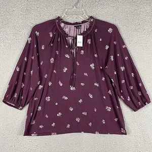 Ann Taylor Bluse Damen S Pflaume Blumen Oberteil 3/4 Arm Bindeband Rüschen Ausschnitt Slinky Neu - Bild 1 von 10
