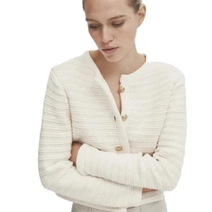 Massimo Dutti Women's Small Ivory Textured Knit Cardigan Sweater Gold Button Top - Picture 1 of 13