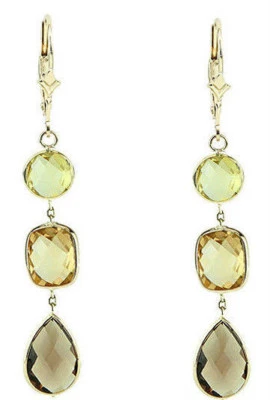 14K Yellow Gold Gemstones Dangling Earrings With Smoky, Lemon Topaz And Citrine  - Image 1 of 2