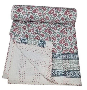 Indian Hand Block Floral Print Kantha Quilt Handmade Vintage Queen Size - Picture 1 of 6