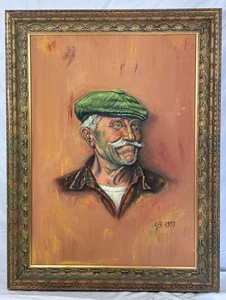 Portrait Mann mit grüner Mütze signiert AB 1979 Mischtechnik Vintage Rahmen - Bild 1 von 9
