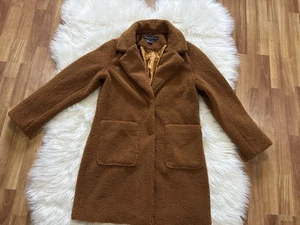 Neu mit Etikett French Connection Midi-Teddybärmantel Damen Kunstfell Lammfell cognacfarben M - Bild 1 von 2