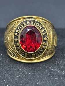 Vintage 18K THGE Professional Truck Driver Red Stone Ring Men’s Size 11 - Picture 1 of 7