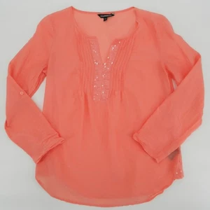 Express Women’s Coral Sequined Roll-Tab Sleeve Silk Cotton Shirt Size XS - Picture 1 of 7